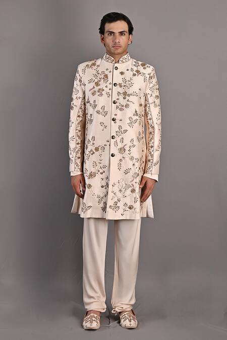 Bohame_Peach Dushala Chanderi, Kurta And Pant Modal, Rosen Hand Embroidered & Set_Online_at_Aza_Fashions