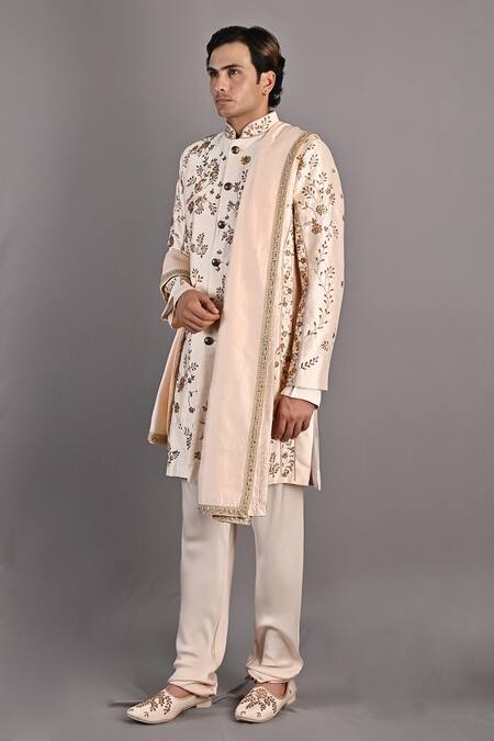 Buy_Bohame_Peach Dushala Chanderi, Kurta And Pant Modal, Rosen Hand Embroidered & Set_Online_at_Aza_Fashions