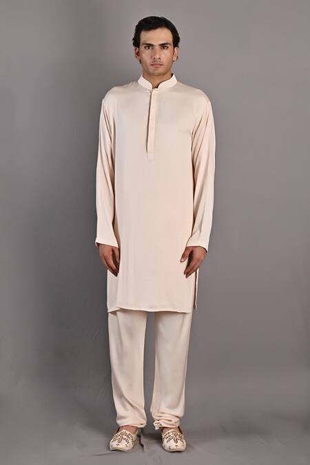 Shop_Bohame_Peach Dushala Chanderi, Kurta And Pant Modal, Rosen Hand Embroidered & Set_Online_at_Aza_Fashions