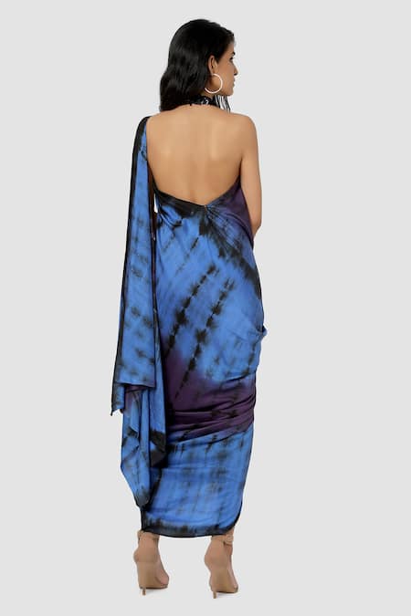 Shop_Babita Malkani_Blue Organic Cotton Silk Lining Lycra Draped Tie Dye Saree Gown _at_Aza_Fashions