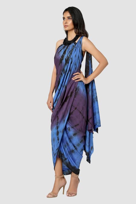 Buy_Babita Malkani_Blue Organic Cotton Silk Lining Lycra Draped Tie Dye Saree Gown _Online_at_Aza_Fashions