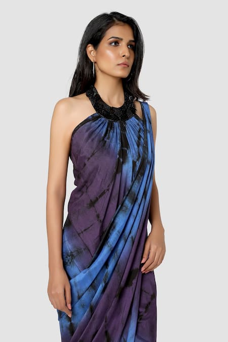 Shop_Babita Malkani_Blue Organic Cotton Silk Lining Lycra Draped Tie Dye Saree Gown _Online_at_Aza_Fashions