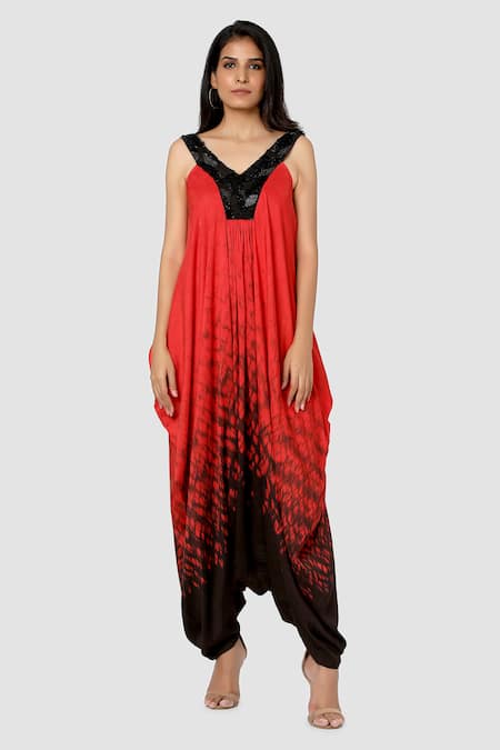 Babita Malkani Organic Cotton Silk Cowl Draped Tie Dye Jumpsuit 