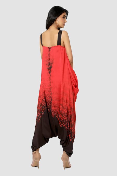 Shop Babita Malkani Red Organic Cotton Silk Lining Lycra Cowl Draped Tie Dye Jumpsuit at Aza Fashions Shop_Babita Malkani_Red Organic Cotton Silk Lining Lycra Cowl Draped Tie Dye Jumpsuit _at_Aza_Fashions