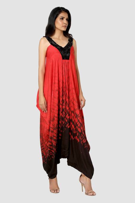 Babita Malkani Red Organic Cotton Silk Lining Lycra Cowl Draped Tie Dye Jumpsuit Online at Aza Fashions Babita Malkani_Red Organic Cotton Silk Lining Lycra Cowl Draped Tie Dye Jumpsuit _Online_at_Aza_Fashions