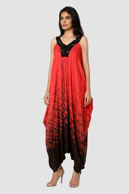Buy Babita Malkani Red Organic Cotton Silk Lining Lycra Cowl Draped Tie Dye Jumpsuit Online at Aza Fashions Buy_Babita Malkani_Red Organic Cotton Silk Lining Lycra Cowl Draped Tie Dye Jumpsuit _Online_at_Aza_Fashions