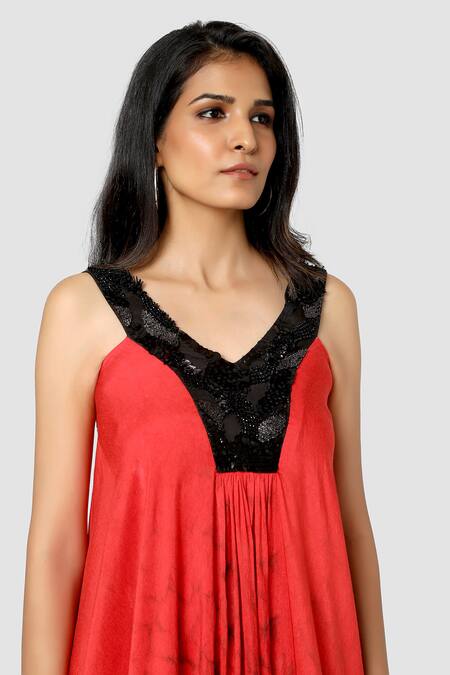 Shop Babita Malkani Red Organic Cotton Silk Lining Lycra Cowl Draped Tie Dye Jumpsuit Online at Aza Fashions Shop_Babita Malkani_Red Organic Cotton Silk Lining Lycra Cowl Draped Tie Dye Jumpsuit _Online_at_Aza_Fashions