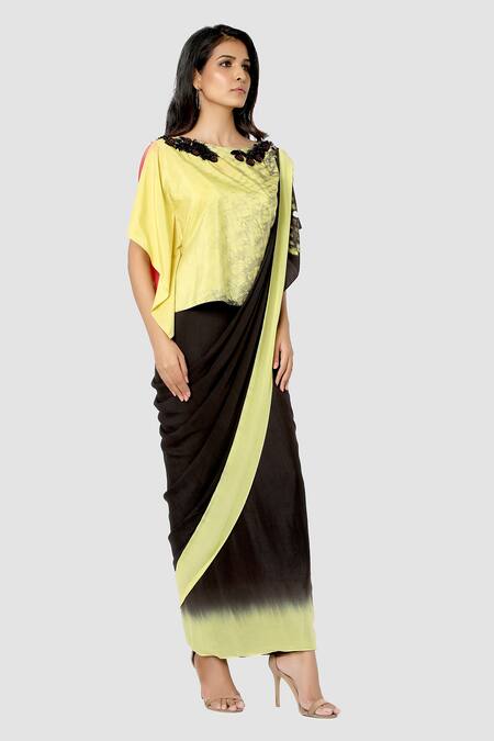 Shop_Babita Malkani_Yellow Organic Cotton Silk Lining Lycra Draped Saree _at_Aza_Fashions