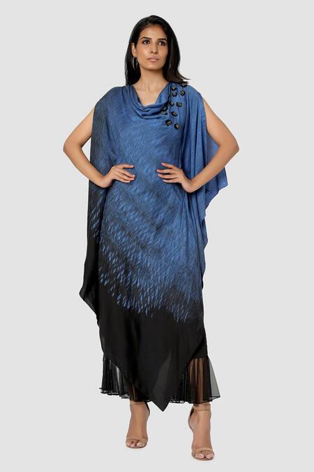 Babita Malkani Blue Organic Cotton Silk Lining Lycra Tie Dye Draped Tunic And Pant Set Online at Aza Fashions Babita Malkani_Blue Organic Cotton Silk Lining Lycra Tie Dye Draped Tunic And Pant Set _Online_at_Aza_Fashions