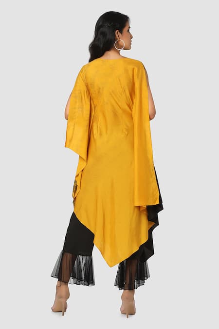 Shop Babita Malkani Yellow Organic Cotton Silk Lining Lycra Tie Dye Draped Tunic And Pant Set at Aza Fashions Shop_Babita Malkani_Yellow Organic Cotton Silk Lining Lycra Tie Dye Draped Tunic And Pant Set _at_Aza_Fashions
