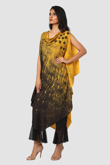 Babita Malkani Yellow Organic Cotton Silk Lining Lycra Tie Dye Draped Tunic And Pant Set Online at Aza Fashions Babita Malkani_Yellow Organic Cotton Silk Lining Lycra Tie Dye Draped Tunic And Pant Set _Online_at_Aza_Fashions