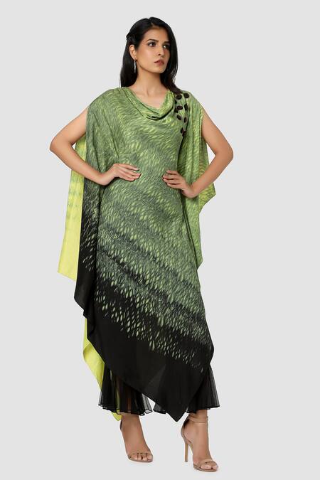 Babita Malkani Green Organic Cotton Silk Lining Lycra Tie Dye Draped Tunic And Pant Set Online at Aza Fashions Babita Malkani_Green Organic Cotton Silk Lining Lycra Tie Dye Draped Tunic And Pant Set _Online_at_Aza_Fashions