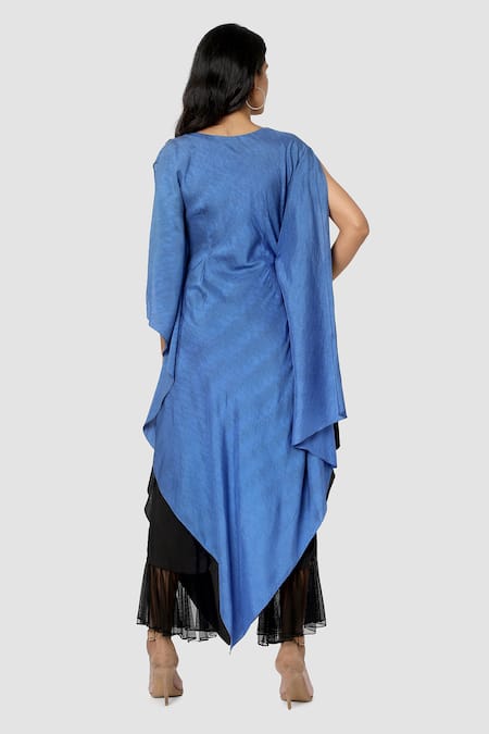 Shop Babita Malkani Blue Organic Cotton Silk Lining Lycra Tie Dye Draped Tunic And Pant Set at Aza Fashions Shop_Babita Malkani_Blue Organic Cotton Silk Lining Lycra Tie Dye Draped Tunic And Pant Set _at_Aza_Fashions