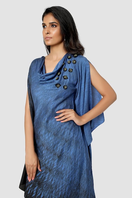 Shop Babita Malkani Blue Organic Cotton Silk Lining Lycra Tie Dye Draped Tunic And Pant Set Online at Aza Fashions Shop_Babita Malkani_Blue Organic Cotton Silk Lining Lycra Tie Dye Draped Tunic And Pant Set _Online_at_Aza_Fashions