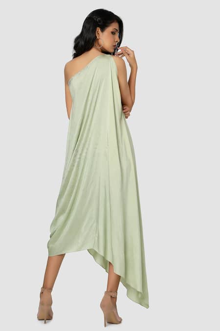 Shop Babita Malkani Green Organic Cotton Silk Lining Lycra One Shoulder Draped Dress at Aza Fashions Shop_Babita Malkani_Green Organic Cotton Silk Lining Lycra One Shoulder Draped Dress _at_Aza_Fashions