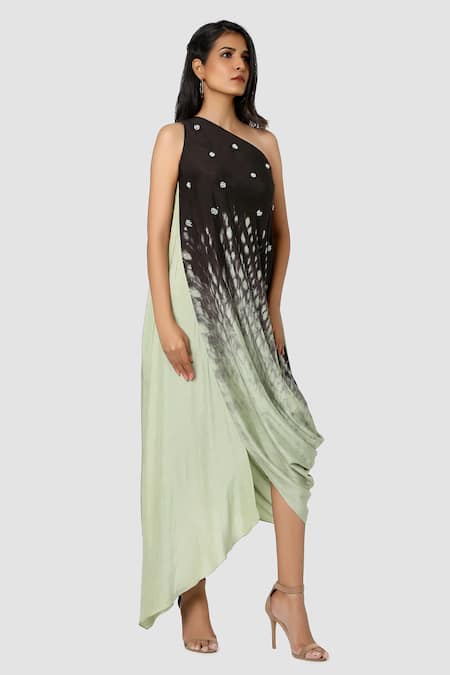 Babita Malkani Green Organic Cotton Silk Lining Lycra One Shoulder Draped Dress Online at Aza Fashions Babita Malkani_Green Organic Cotton Silk Lining Lycra One Shoulder Draped Dress _Online_at_Aza_Fashions