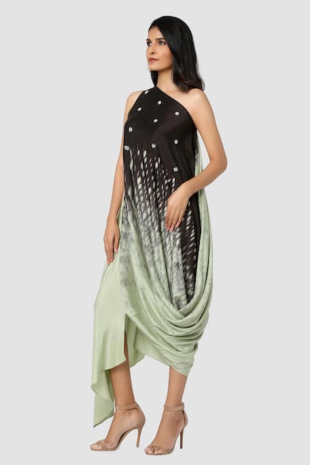 Buy Babita Malkani Green Organic Cotton Silk Lining Lycra One Shoulder Draped Dress Online at Aza Fashions Buy_Babita Malkani_Green Organic Cotton Silk Lining Lycra One Shoulder Draped Dress _Online_at_Aza_Fashions