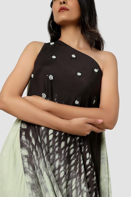 Shop Babita Malkani Green Organic Cotton Silk Lining Lycra One Shoulder Draped Dress Online at Aza Fashions Shop_Babita Malkani_Green Organic Cotton Silk Lining Lycra One Shoulder Draped Dress _Online_at_Aza_Fashions