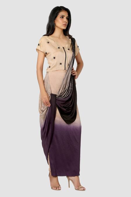 Babita Malkani_Beige Organic Cotton Silk Lining Lycra Draped Saree _Online_at_Aza_Fashions