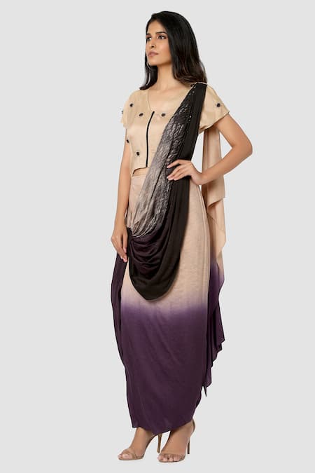 Buy_Babita Malkani_Beige Organic Cotton Silk Lining Lycra Draped Saree _Online_at_Aza_Fashions