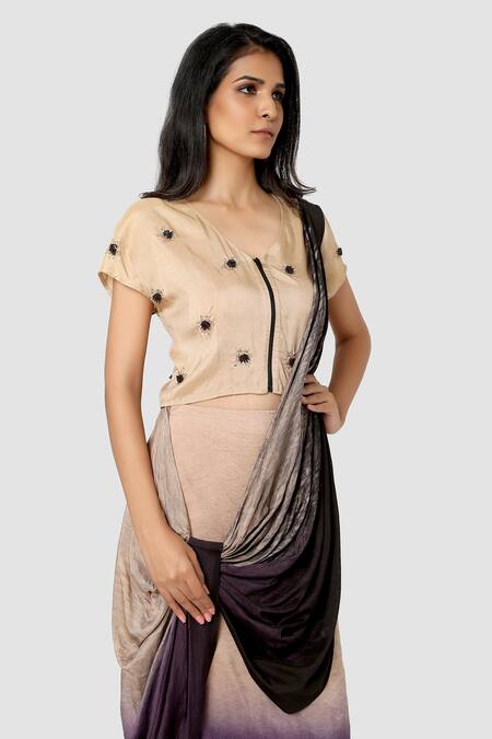 Shop_Babita Malkani_Beige Organic Cotton Silk Lining Lycra Draped Saree _Online_at_Aza_Fashions