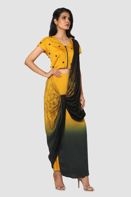 Babita Malkani Yellow Organic Cotton Silk Lining Lycra Draped Saree Online at Aza Fashions Babita Malkani_Yellow Organic Cotton Silk Lining Lycra Draped Saree _Online_at_Aza_Fashions