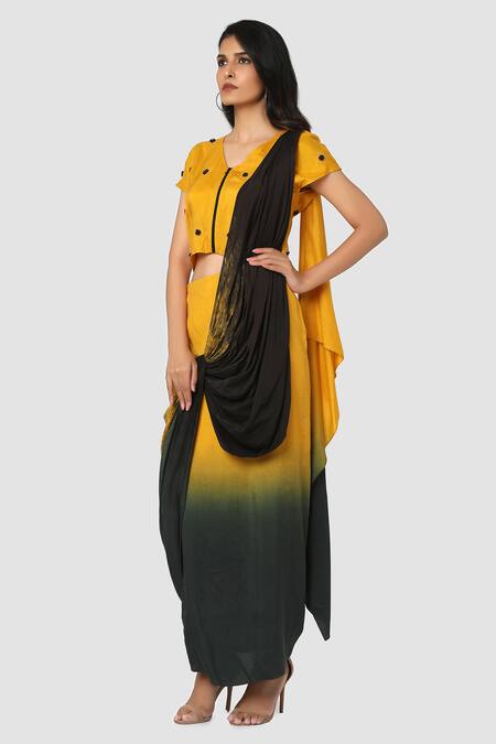 Buy Babita Malkani Yellow Organic Cotton Silk Lining Lycra Draped Saree Online at Aza Fashions Buy_Babita Malkani_Yellow Organic Cotton Silk Lining Lycra Draped Saree _Online_at_Aza_Fashions