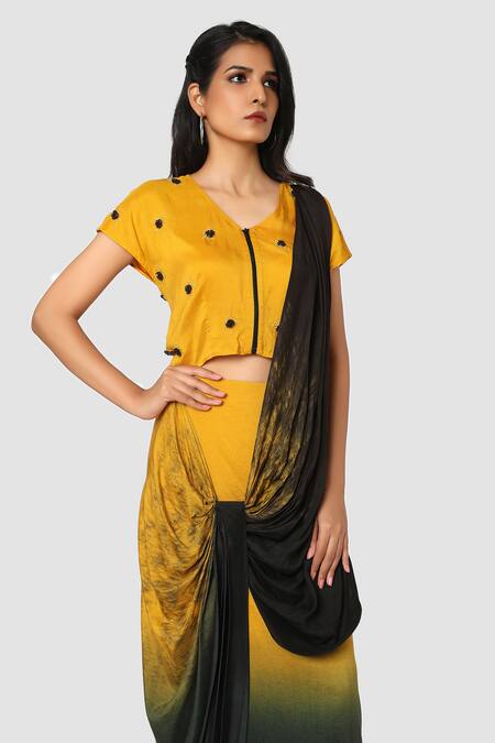 Shop Babita Malkani Yellow Organic Cotton Silk Lining Lycra Draped Saree Online at Aza Fashions Shop_Babita Malkani_Yellow Organic Cotton Silk Lining Lycra Draped Saree _Online_at_Aza_Fashions