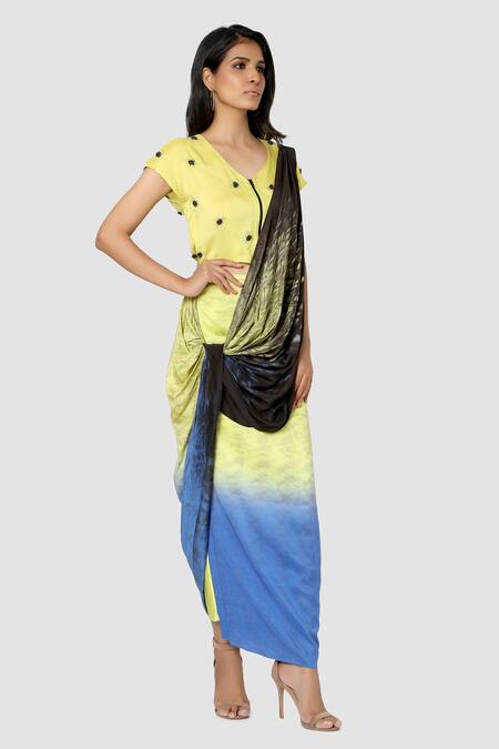 Babita Malkani_Yellow Organic Cotton Silk Lining Lycra Pre-draped Saree _Online_at_Aza_Fashions