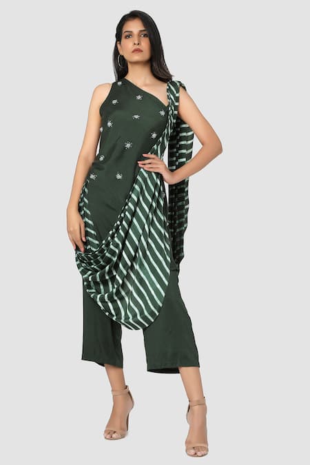 Babita Malkani Organic Leheriya Draped Pant Saree 