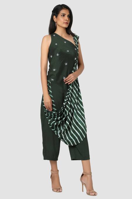 Babita Malkani Green Organic Cotton Silk Lining Lycra Leheriya Draped Pant Saree Online at Aza Fashions Babita Malkani_Green Organic Cotton Silk Lining Lycra Leheriya Draped Pant Saree _Online_at_Aza_Fashions