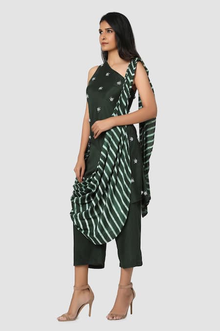 Buy Babita Malkani Green Organic Cotton Silk Lining Lycra Leheriya Draped Pant Saree Online at Aza Fashions Buy_Babita Malkani_Green Organic Cotton Silk Lining Lycra Leheriya Draped Pant Saree _Online_at_Aza_Fashions