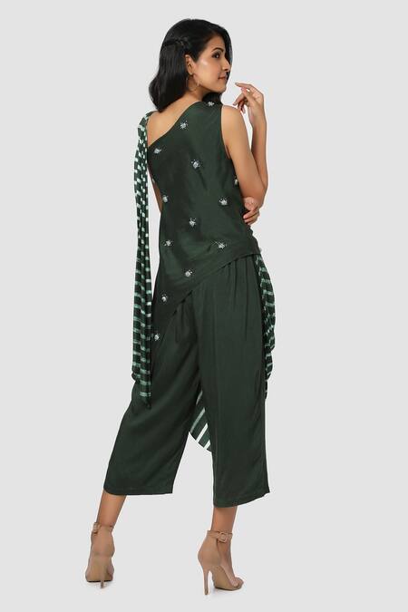 Shop Babita Malkani Green Organic Cotton Silk Lining Lycra Leheriya Draped Pant Saree Online at Aza Fashions Shop_Babita Malkani_Green Organic Cotton Silk Lining Lycra Leheriya Draped Pant Saree _Online_at_Aza_Fashions