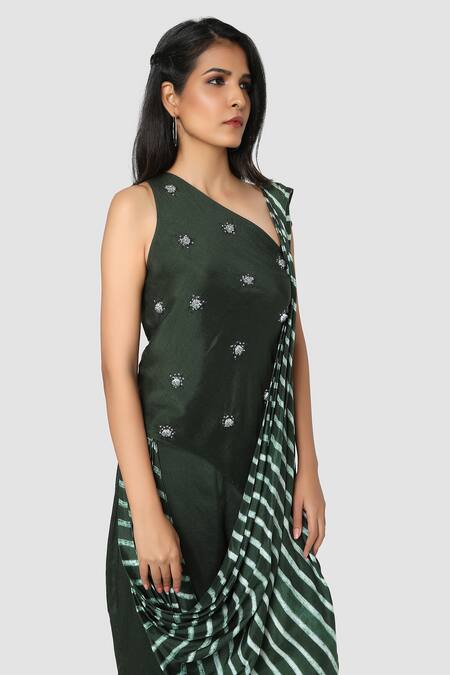 Babita Malkani Green Organic Cotton Silk Lining Lycra Leheriya Draped Pant Saree at Aza Fashions Babita Malkani_Green Organic Cotton Silk Lining Lycra Leheriya Draped Pant Saree _at_Aza_Fashions