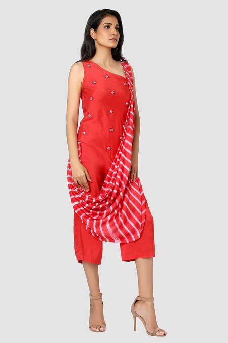Babita Malkani_Red Organic Cotton Silk Lining Lycra Leheriya Draped Pant Saree _Online_at_Aza_Fashions