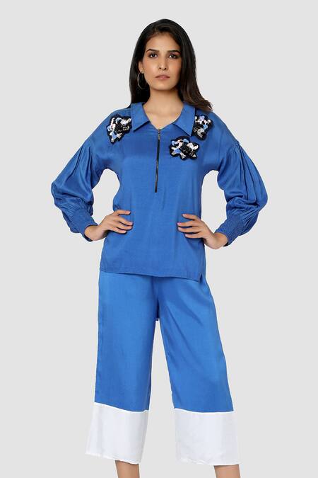 Buy Babita Malkani Blue Organic Cotton Silk Lining Lycra Colorblock Top And Pant Set Online at Aza Fashions Buy_Babita Malkani_Blue Organic Cotton Silk Lining Lycra Colorblock Top And Pant Set _Online_at_Aza_Fashions