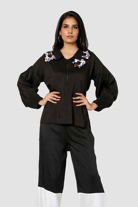Buy Babita Malkani Black Organic Cotton Silk Lining Lycra Colorblock Top And Pant Set Online at Aza Fashions Buy_Babita Malkani_Black Organic Cotton Silk Lining Lycra Colorblock Top And Pant Set _Online_at_Aza_Fashions