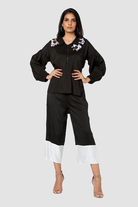 Babita Malkani Black Organic Cotton Silk Lining Lycra Colorblock Top And Pant Set 