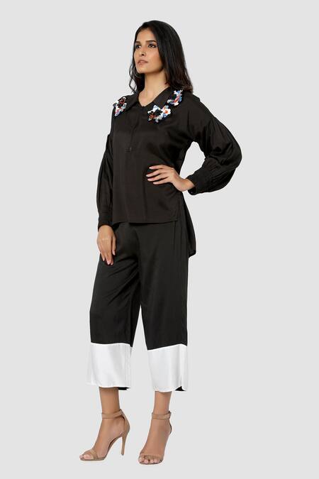 Shop Babita Malkani Black Organic Cotton Silk Lining Lycra Colorblock Top And Pant Set Online at Aza Fashions Shop_Babita Malkani_Black Organic Cotton Silk Lining Lycra Colorblock Top And Pant Set _Online_at_Aza_Fashions
