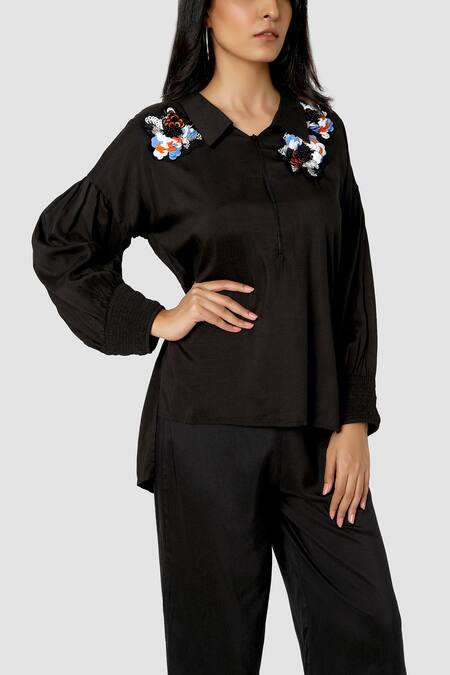 Babita Malkani Black Organic Cotton Silk Lining Lycra Colorblock Top And Pant Set at Aza Fashions Babita Malkani_Black Organic Cotton Silk Lining Lycra Colorblock Top And Pant Set _at_Aza_Fashions
