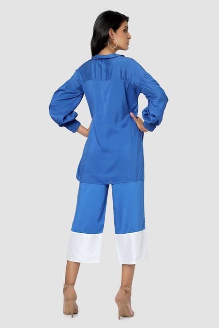 Shop Babita Malkani Blue Organic Cotton Silk Lining Lycra Colorblock Top And Pant Set at Aza Fashions Shop_Babita Malkani_Blue Organic Cotton Silk Lining Lycra Colorblock Top And Pant Set _at_Aza_Fashions