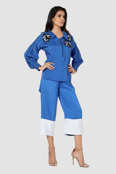 Babita Malkani Blue Organic Cotton Silk Lining Lycra Colorblock Top And Pant Set Online at Aza Fashions Babita Malkani_Blue Organic Cotton Silk Lining Lycra Colorblock Top And Pant Set _Online_at_Aza_Fashions