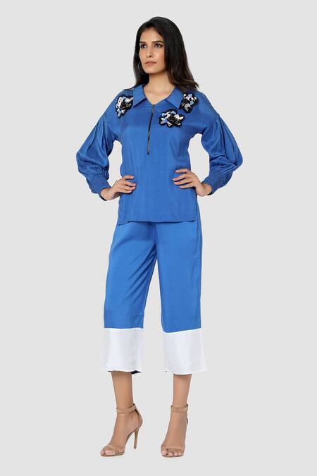 Shop Babita Malkani Blue Organic Cotton Silk Lining Lycra Colorblock Top And Pant Set Online at Aza Fashions Shop_Babita Malkani_Blue Organic Cotton Silk Lining Lycra Colorblock Top And Pant Set _Online_at_Aza_Fashions