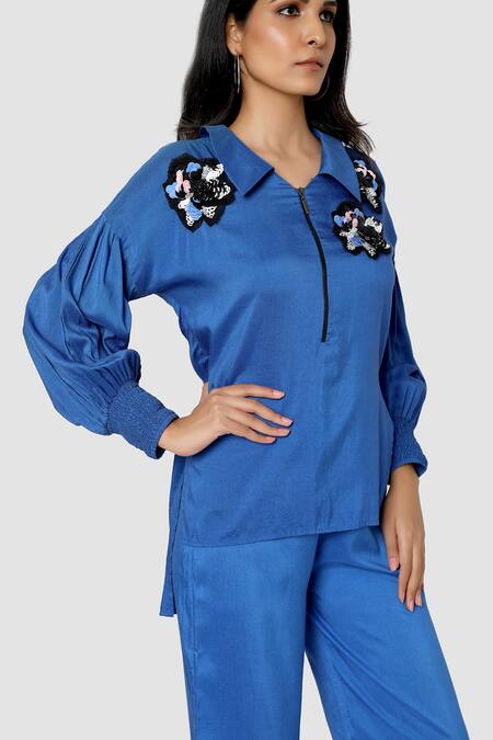 Babita Malkani Blue Organic Cotton Silk Lining Lycra Colorblock Top And Pant Set at Aza Fashions Babita Malkani_Blue Organic Cotton Silk Lining Lycra Colorblock Top And Pant Set _at_Aza_Fashions
