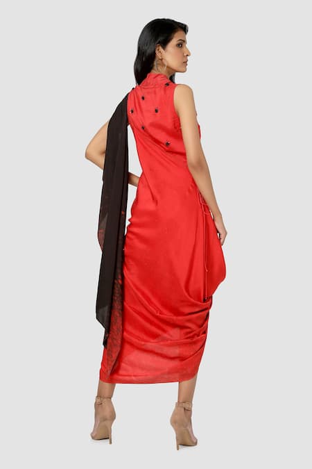 Shop Babita Malkani Red Organic Cotton Silk Lining Lycra Draped Sarong Saree at Aza Fashions Shop_Babita Malkani_Red Organic Cotton Silk Lining Lycra Draped Sarong Saree _at_Aza_Fashions