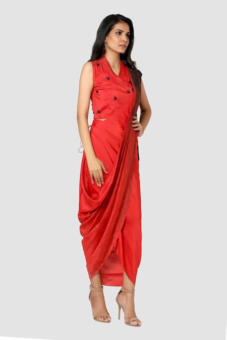 Babita Malkani Red Organic Cotton Silk Lining Lycra Draped Sarong Saree Online at Aza Fashions Babita Malkani_Red Organic Cotton Silk Lining Lycra Draped Sarong Saree _Online_at_Aza_Fashions