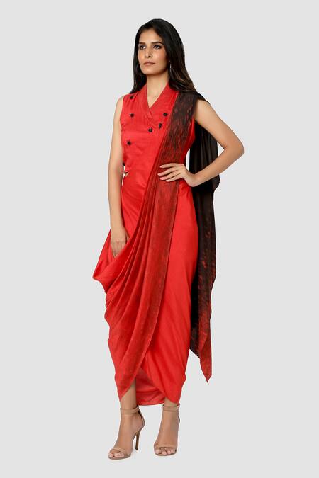 Buy Babita Malkani Red Organic Cotton Silk Lining Lycra Draped Sarong Saree Online at Aza Fashions Buy_Babita Malkani_Red Organic Cotton Silk Lining Lycra Draped Sarong Saree _Online_at_Aza_Fashions