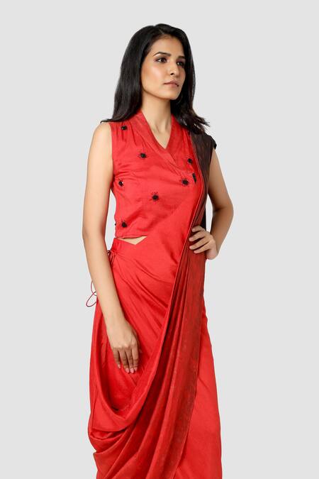 Shop Babita Malkani Red Organic Cotton Silk Lining Lycra Draped Sarong Saree Online at Aza Fashions Shop_Babita Malkani_Red Organic Cotton Silk Lining Lycra Draped Sarong Saree _Online_at_Aza_Fashions