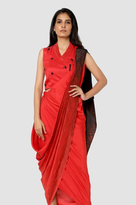 Babita Malkani Red Organic Cotton Silk Lining Lycra Draped Sarong Saree at Aza Fashions Babita Malkani_Red Organic Cotton Silk Lining Lycra Draped Sarong Saree _at_Aza_Fashions
