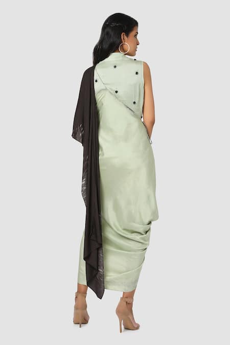Shop Babita Malkani Green Organic Cotton Silk Lining Lycra Draped Sarong Saree at Aza Fashions Shop_Babita Malkani_Green Organic Cotton Silk Lining Lycra Draped Sarong Saree _at_Aza_Fashions